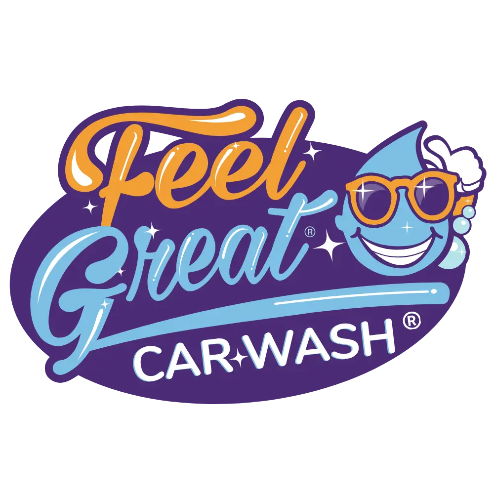 A large version of the Feel Great Car Wash Logo with appropriate branding, typography, and the mascot character included