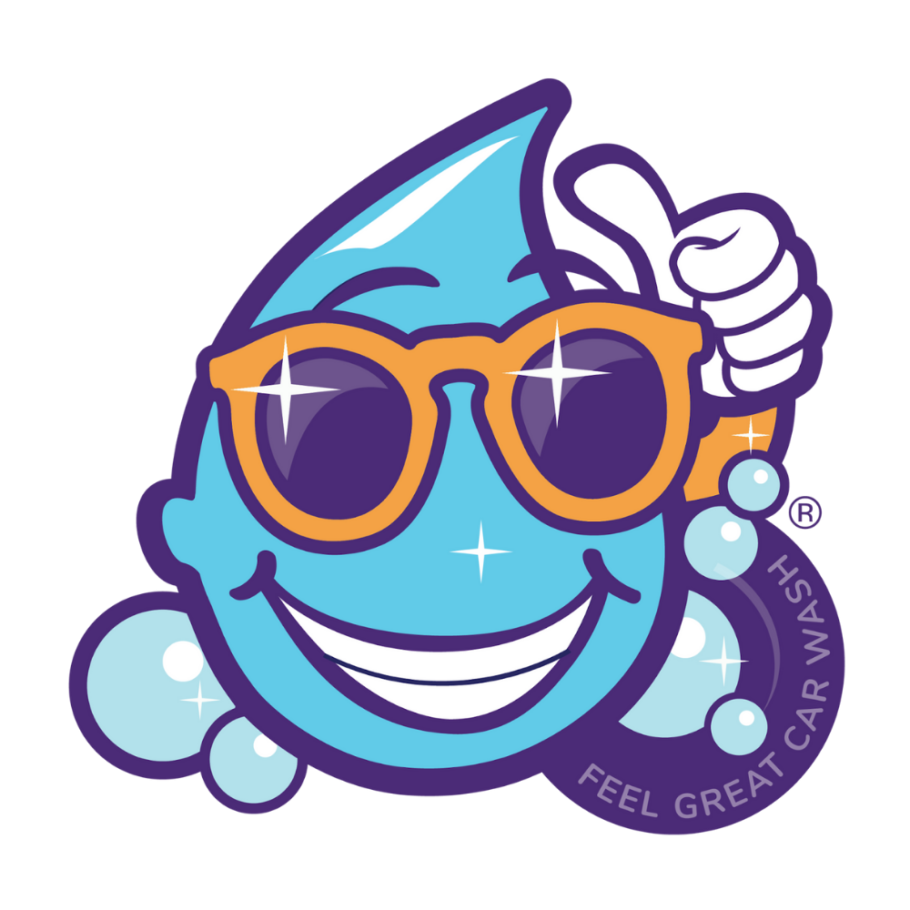 The Feel Great Car Wash Company Logo giving a thumbs up with a smile