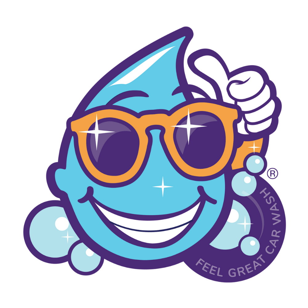 The Feel Great Car Wash Company Logo giving a thumbs up with a smile