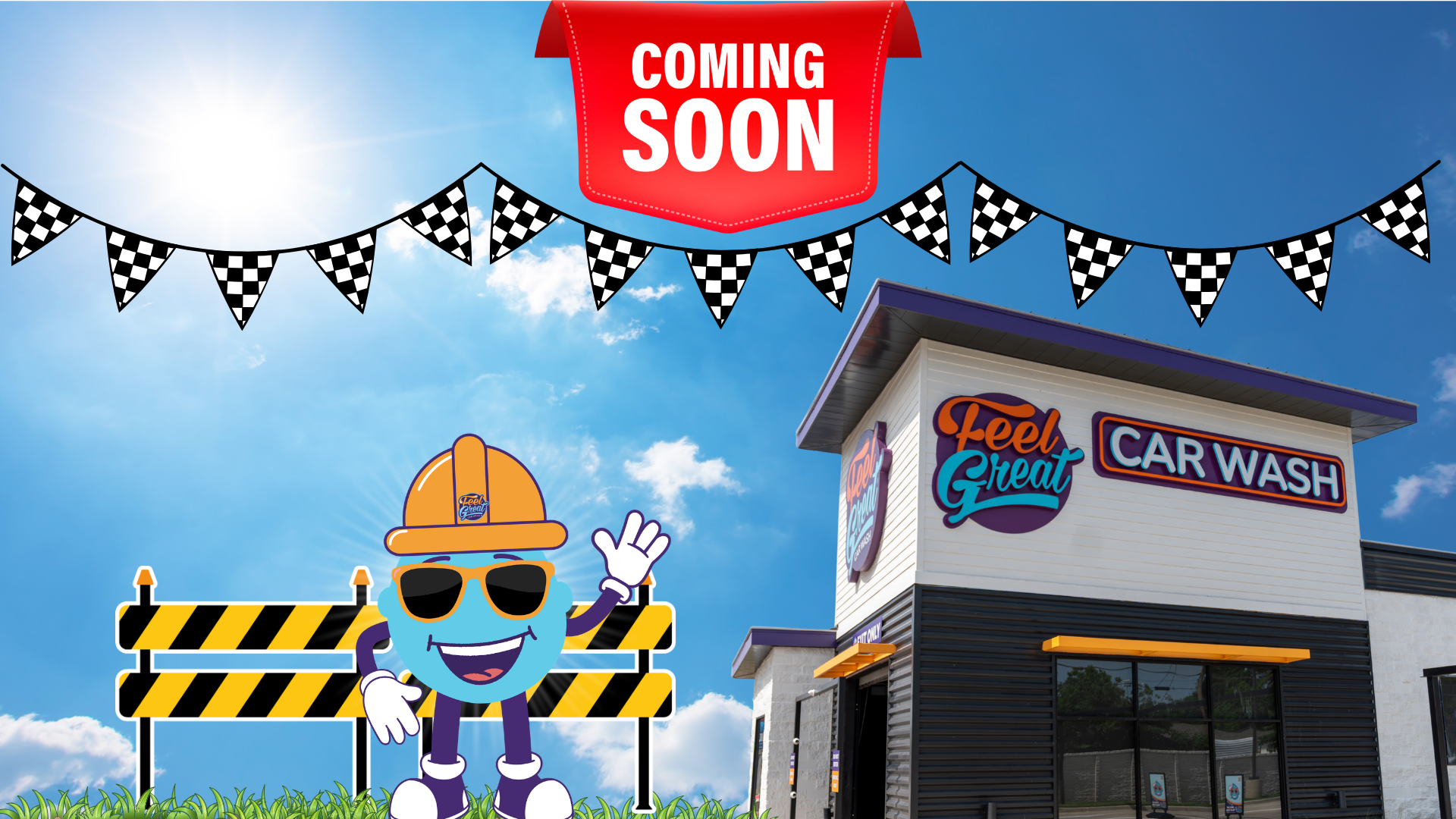 Feel Great Car Wash mascot standing next to a location with a hard hat indicating that the location is coming soon with construction equipment