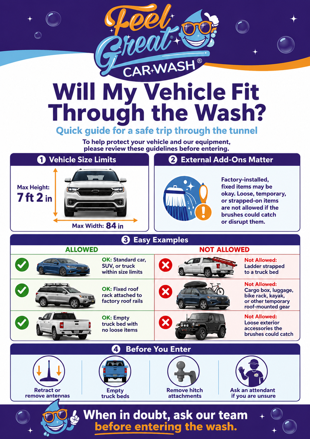a vehicle guide on what can go through the tunnel at Feel Great Car Wash